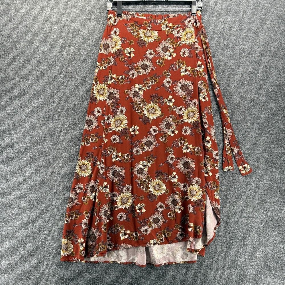 Womens Skirt Size XS Rust Floral Wrap Pull On Maxi Flowy Boho Cottage Western